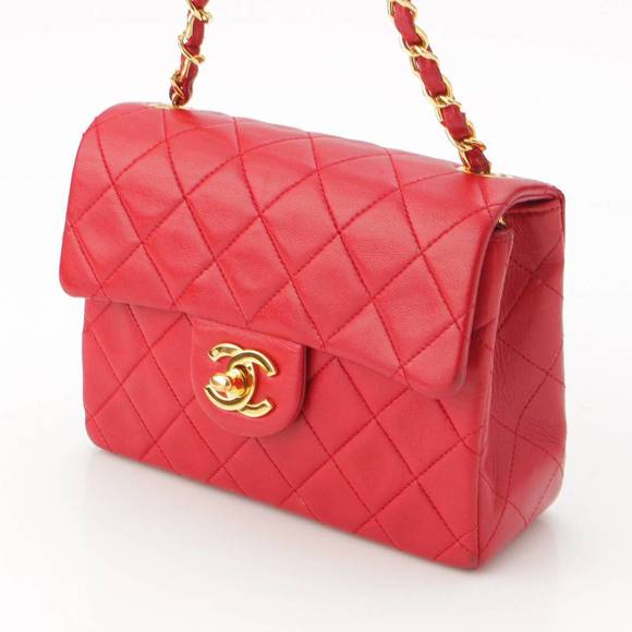 Chanel Shoulder Bag Red 17cm Lambskin Mini Chain A01115 Matelasse - Picture 1 of 10